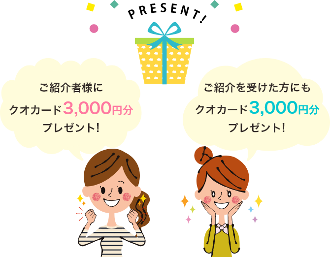 ご紹介者様にクオカード3,000円分プレゼント。ご紹介を受けた方にもクオカード3,000円分プレゼント!